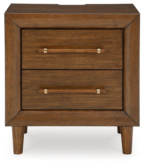 Brown two-drawer nightstand with two drawers and metal bar handles