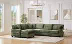 Green corduroy U-shaped sectional sofa with movable ottoman and cushioned chaise