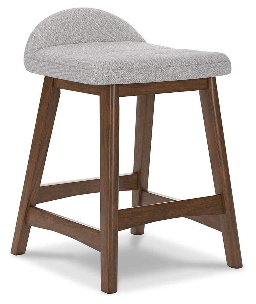 Upholstered barstool with light gray fabric seat and curved back, dark wood legs.