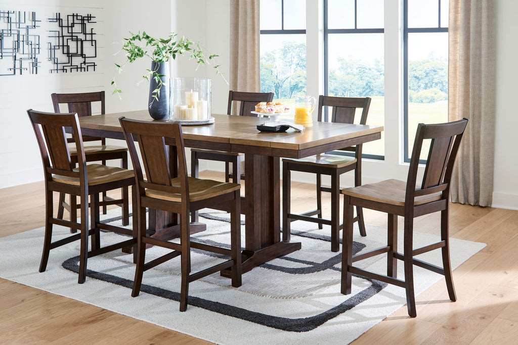Rylandeen counter-height dining table set with matching stools, dark brown wood