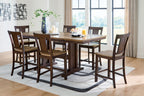 Rylandeen counter-height dining table set with matching stools, dark brown wood
