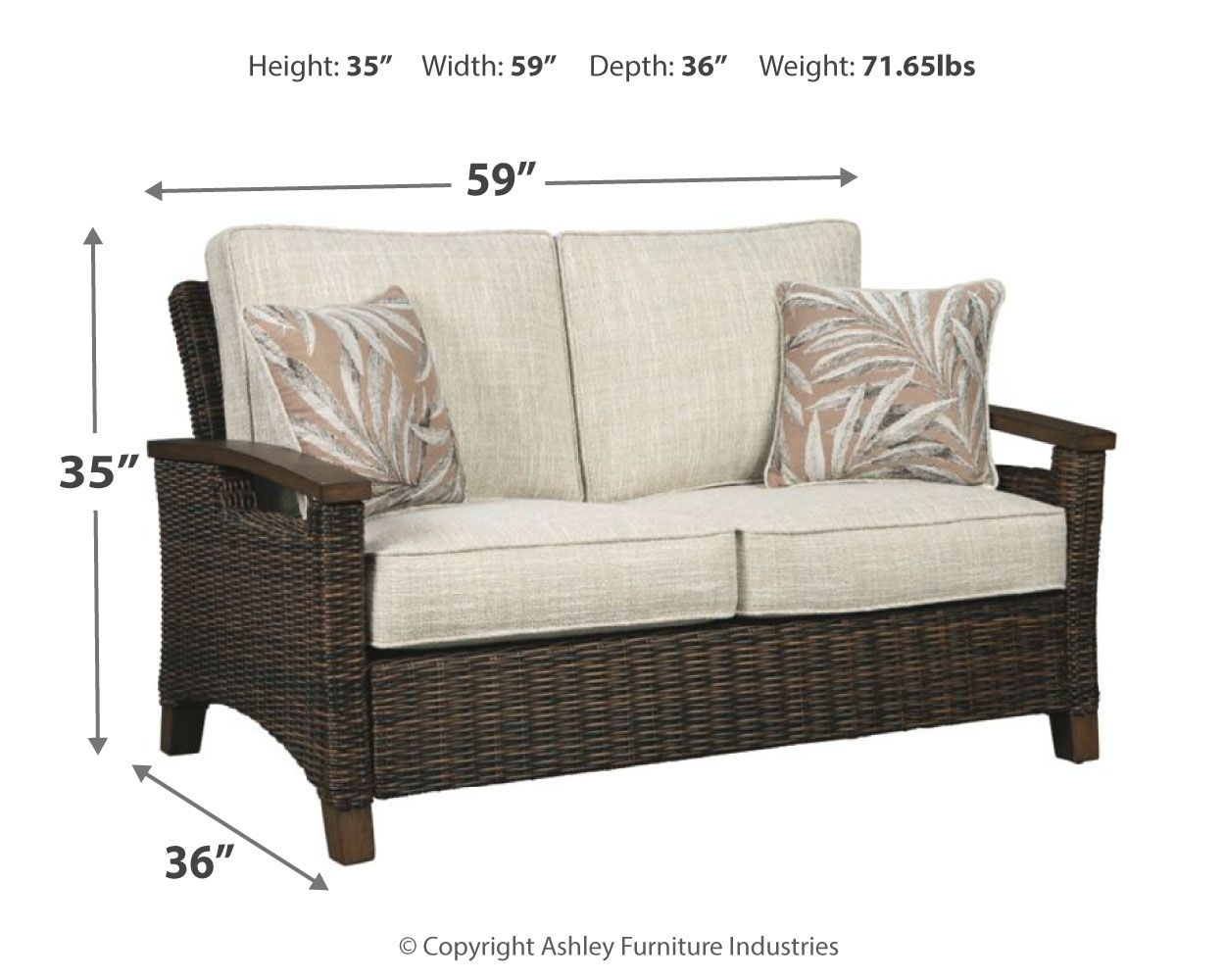 Woven loveseat with cushion, dark brown frame, light beige seats, two leaf-print pillows