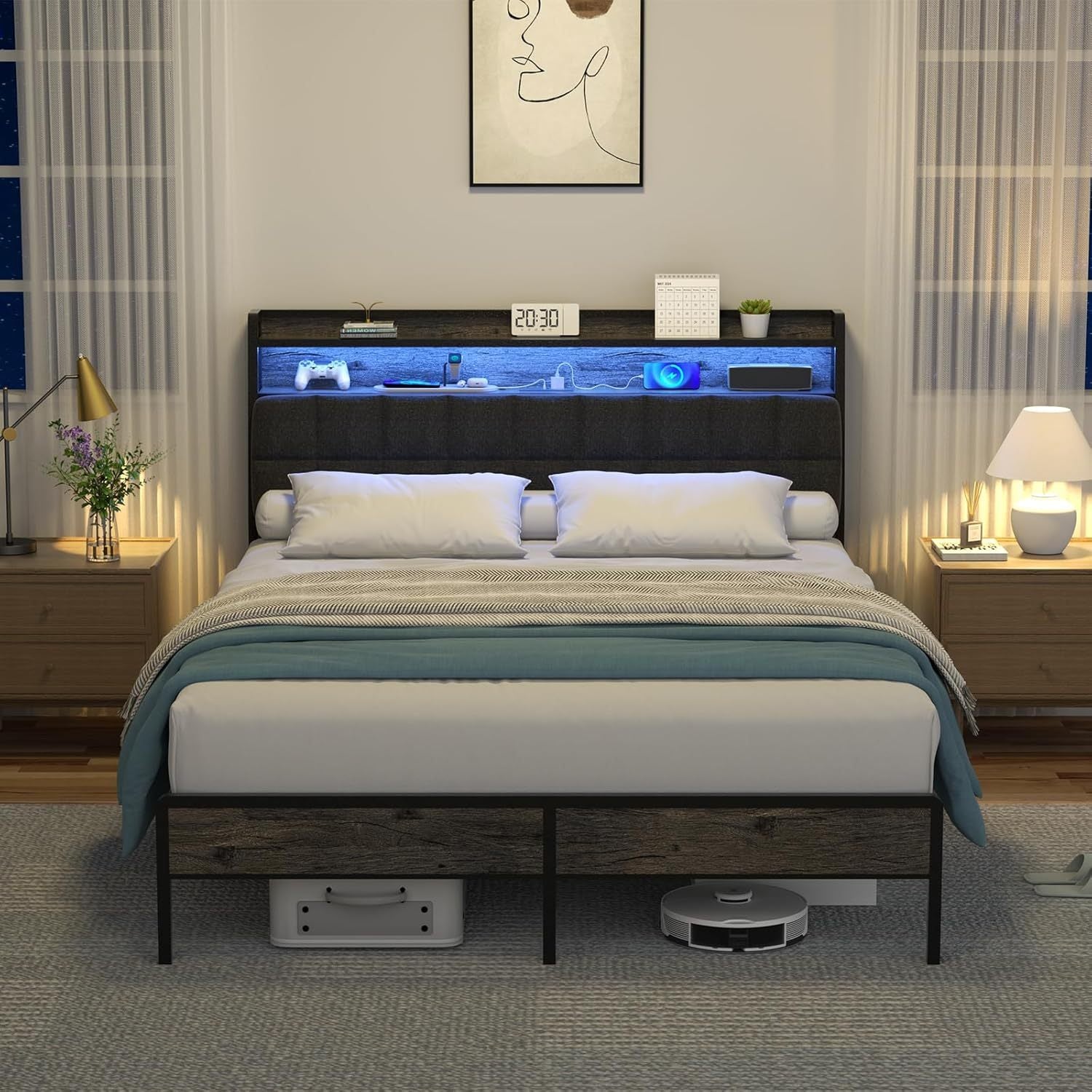 Full Bed Frame: Storage, Charging Station, RGB LED, Ergonomic Headboard
