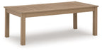 Rectangular driftwood cocktail table with slatted top and four straight legs.