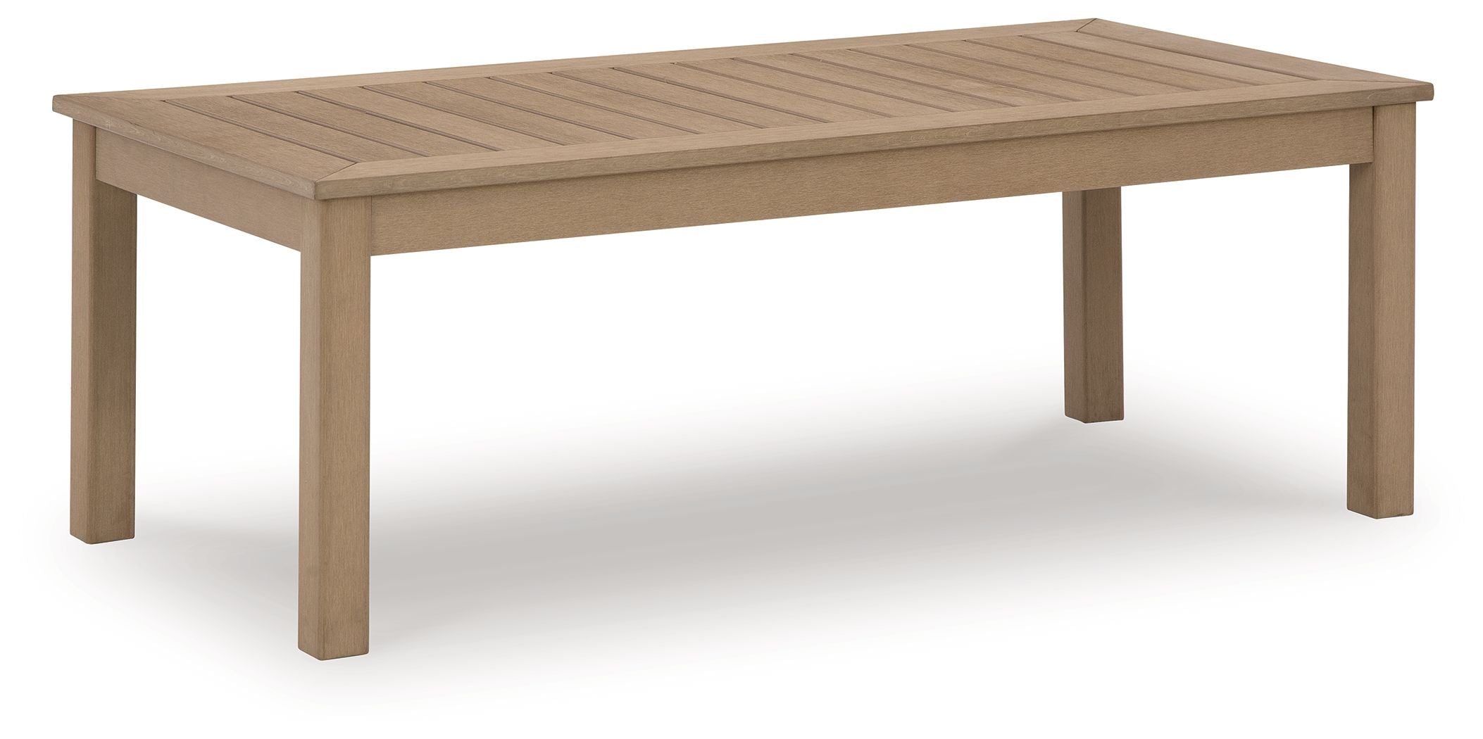 Rectangular driftwood cocktail table with slatted top and four straight legs.