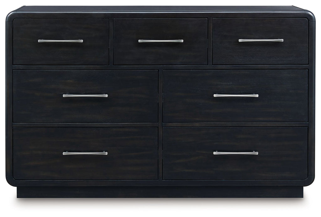 Black dresser front with 9 drawers and silver bar handles, wide rectangular frame