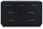 Black dresser front with 9 drawers and silver bar handles, wide rectangular frame