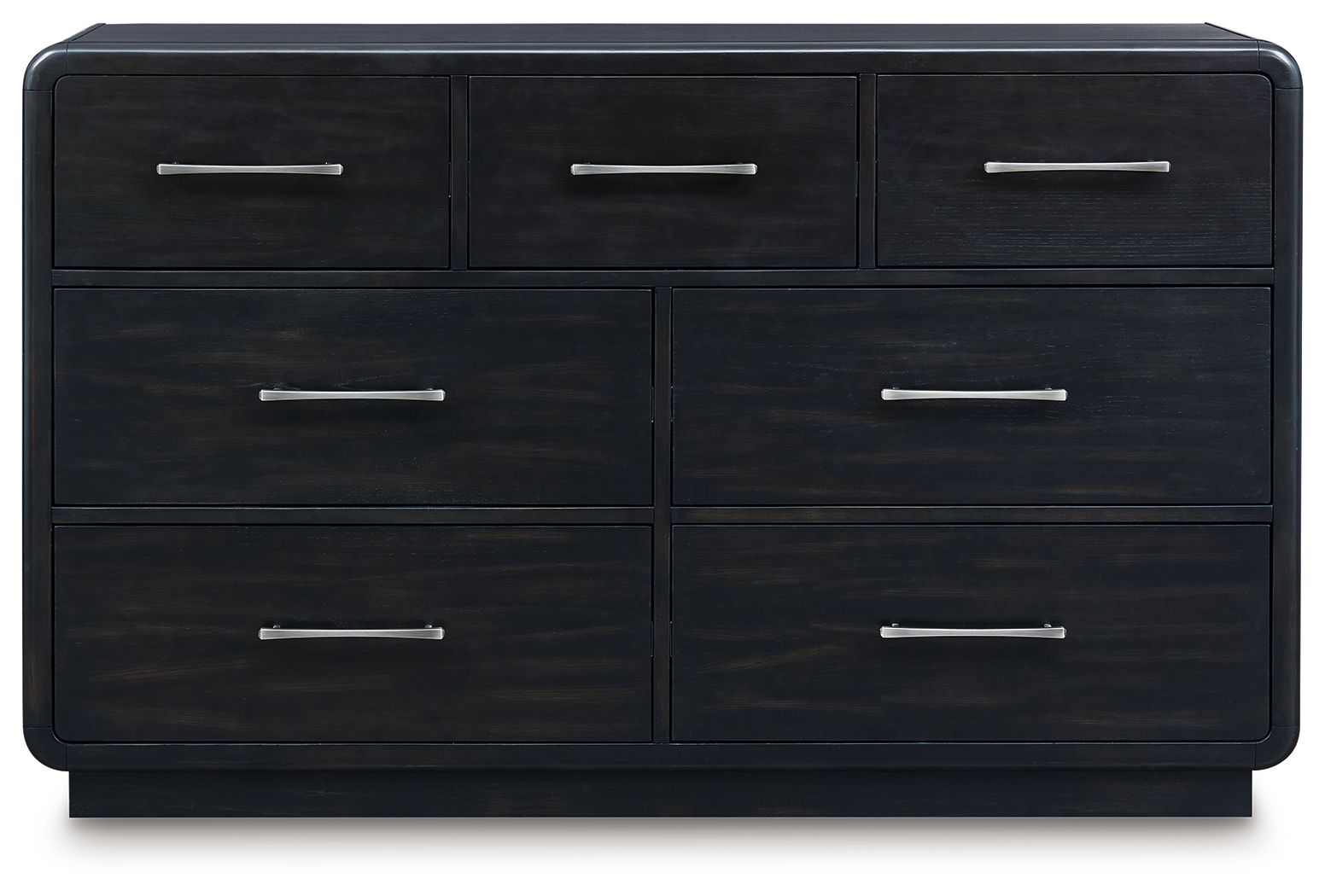 Black dresser front with 9 drawers and silver bar handles, wide rectangular frame