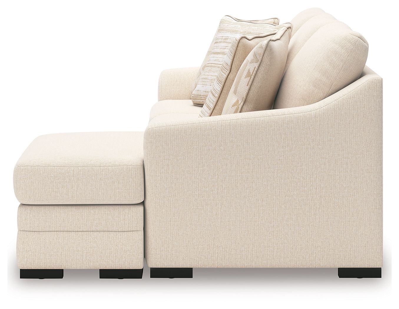 Beige fabric sectional sofa with chaise and striped accent pillows