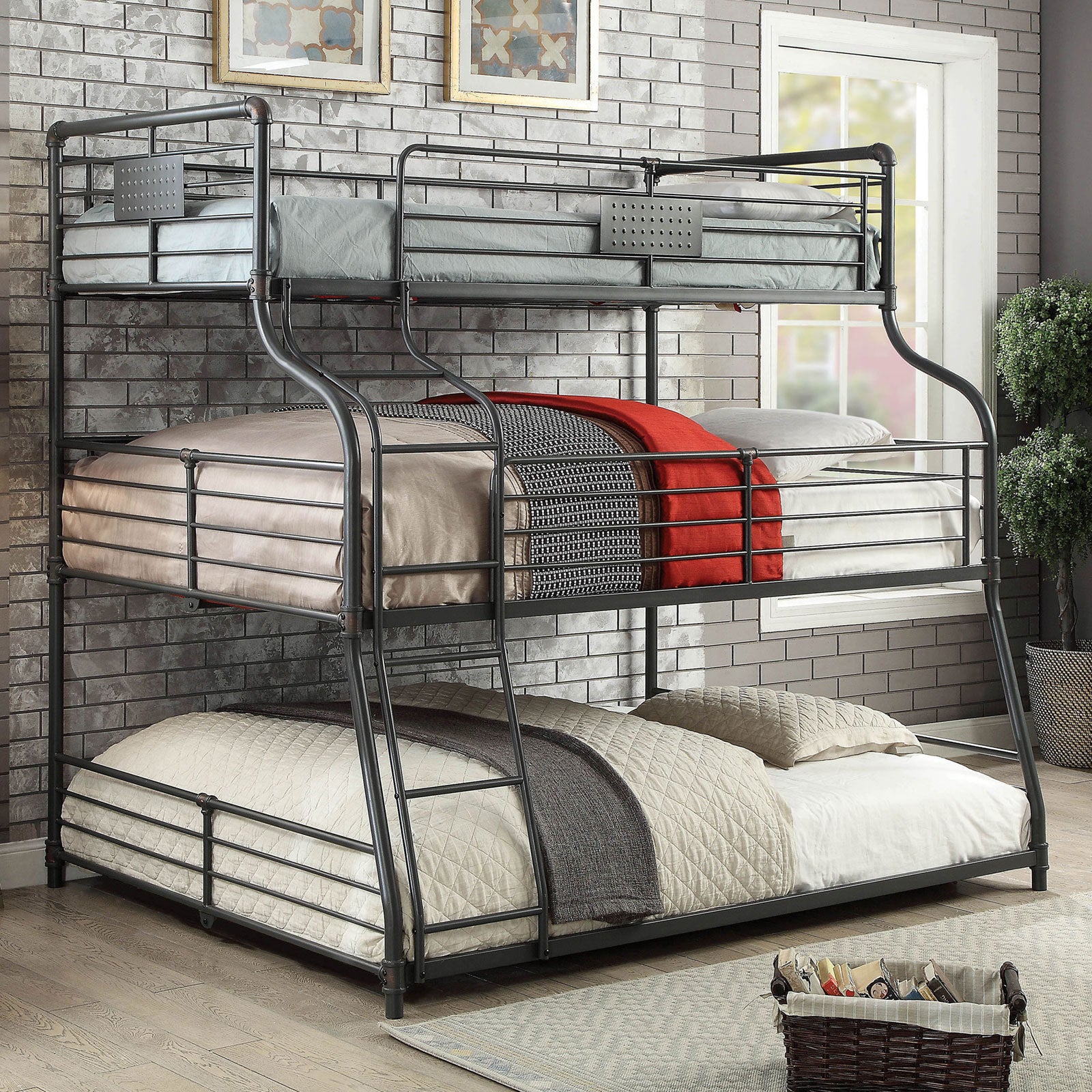 Twin/Full/Queen Industrial Metal Bunk Bed | Antique Black Finish with Ladder