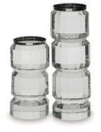 Clear glass candle holder set of 2 with faceted sides and silver-toned rims