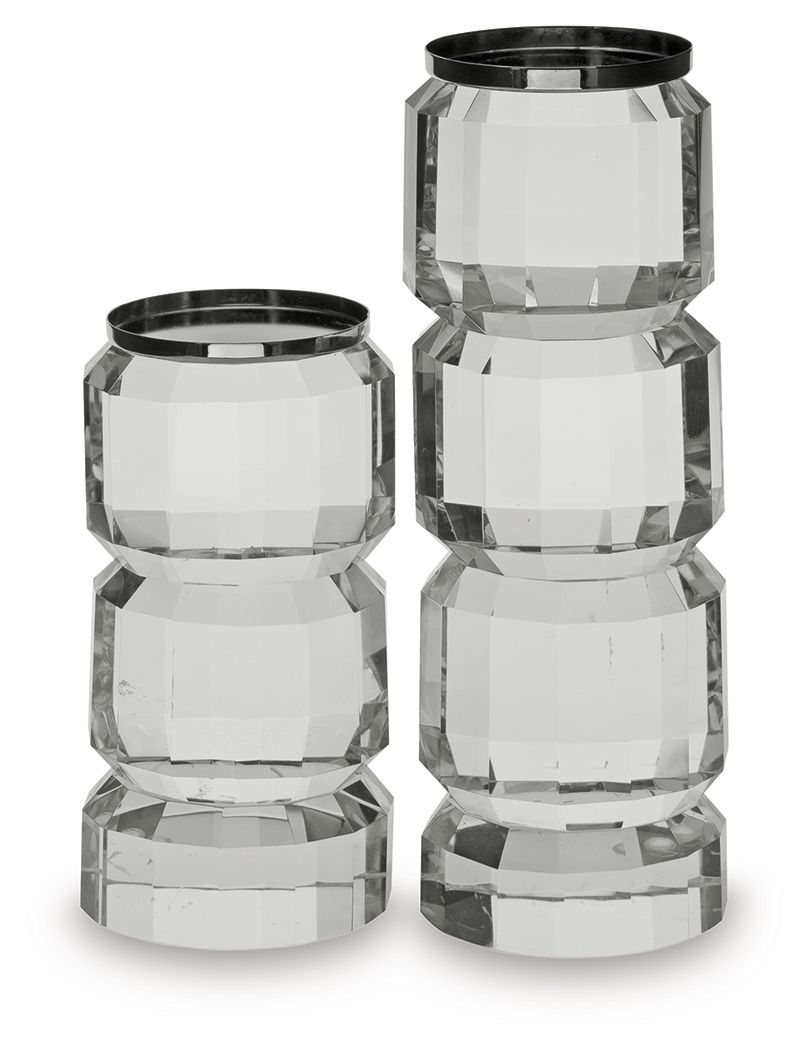 Clear glass candle holder set of 2 with faceted sides and silver-toned rims