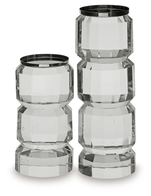 Clear glass candle holder set of 2 with faceted sides and silver-toned rims