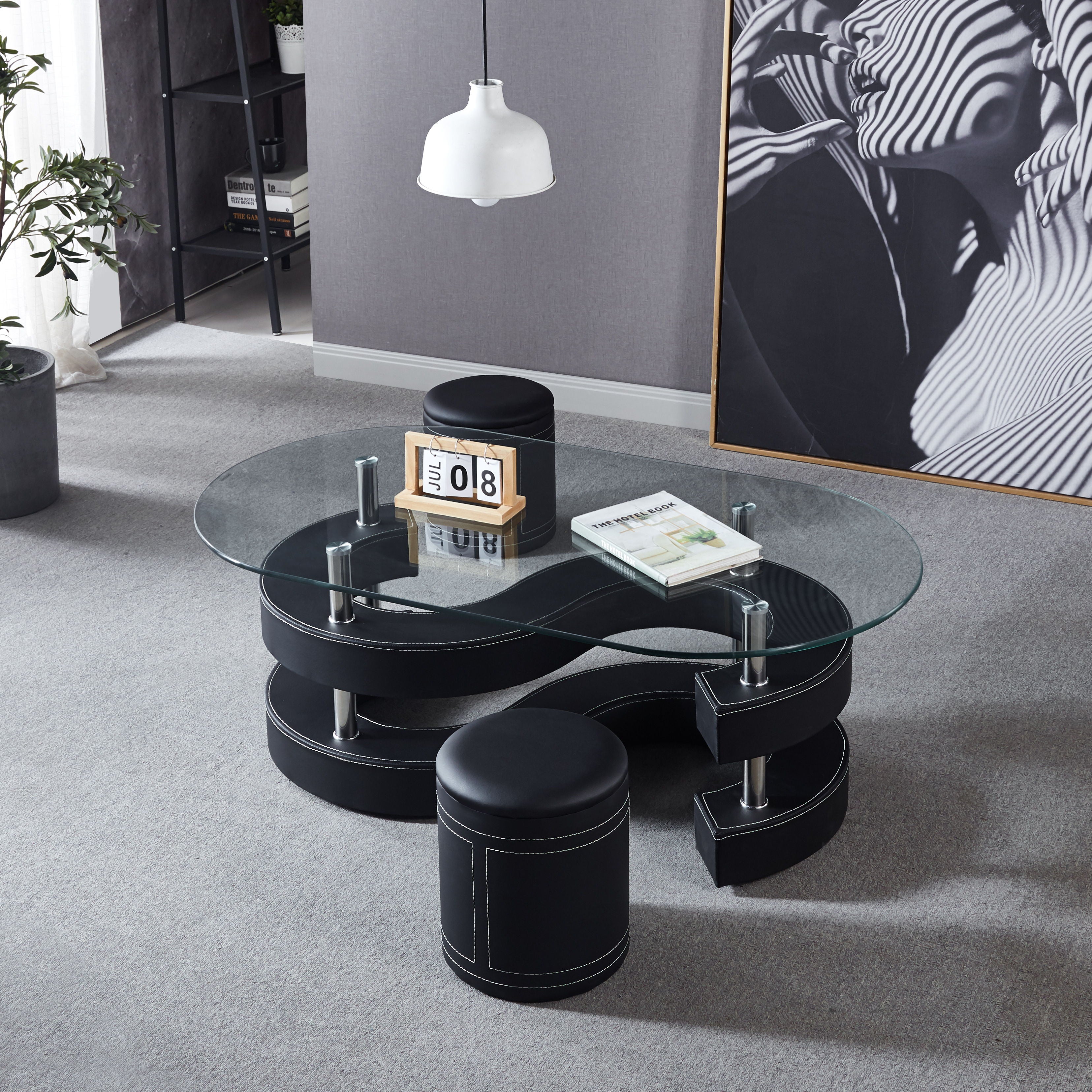 3 Pieces Coffee Table Set, Oval 10Mm / 0.39" Thick Tempered Glass Table And 2 Leather Stools - Black