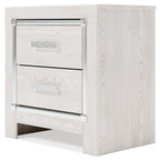 White two-drawer night stand with horizontal chrome handles, wood-grain panels