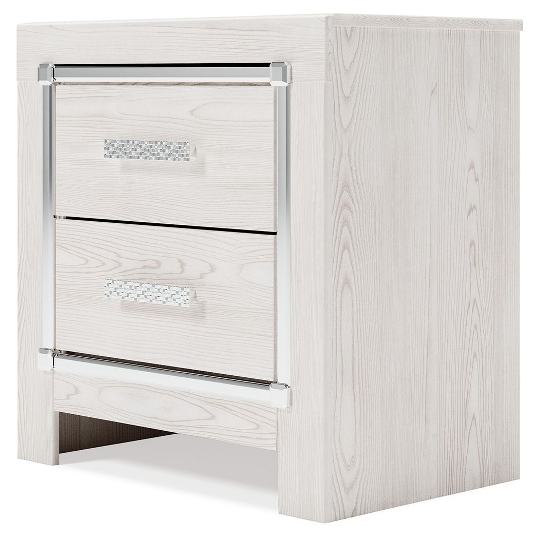 White two-drawer night stand with horizontal chrome handles, wood-grain panels