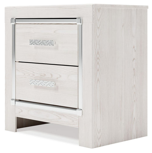 White two-drawer night stand with horizontal chrome handles, wood-grain panels