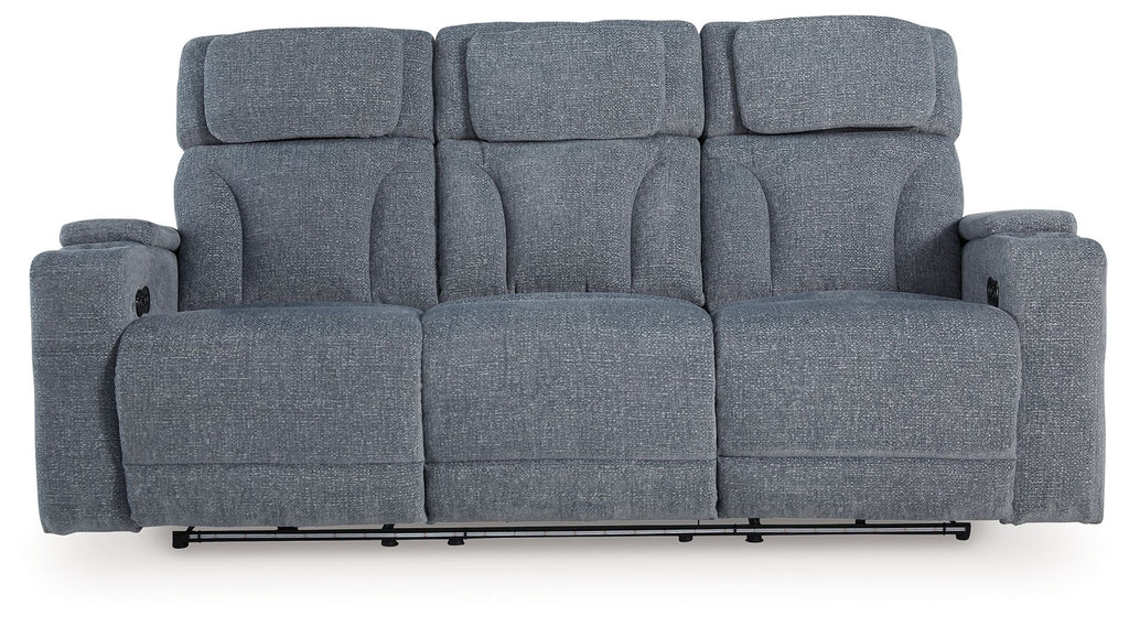 Steel gray power reclining sofa, front view with three wide back cushions