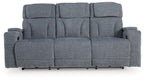 Steel gray power reclining sofa, front view with three wide back cushions