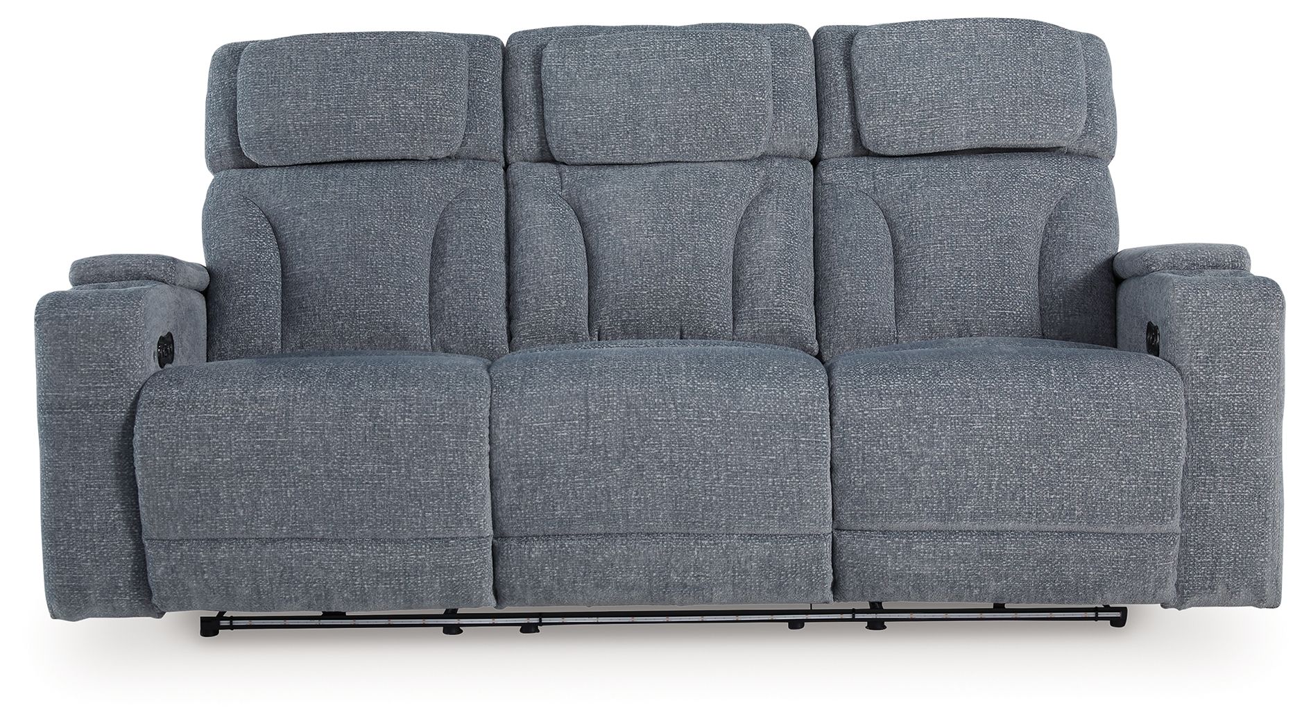 Steel gray power reclining sofa, front view with three wide back cushions