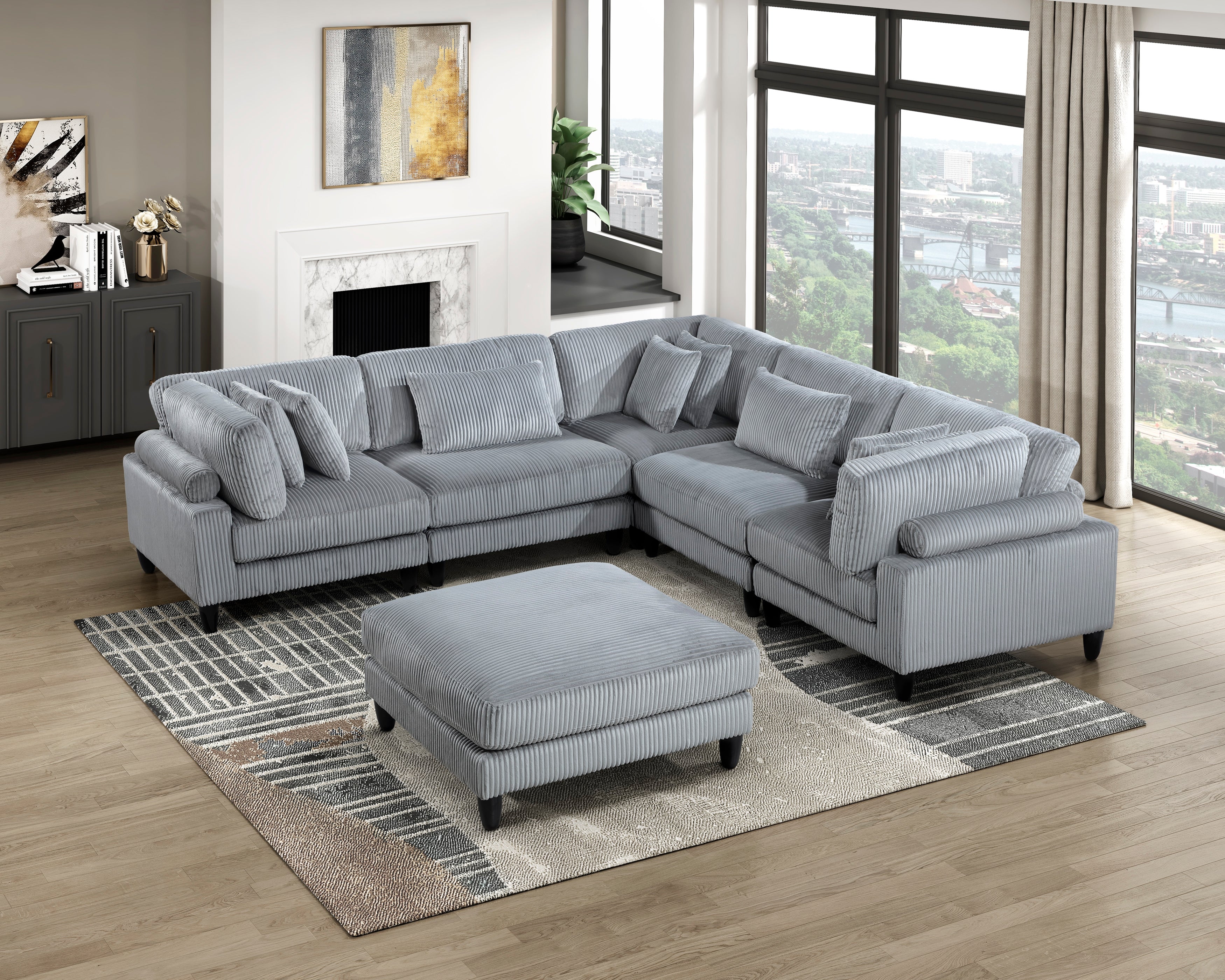 6pc Gray Corduroy Modular Sectional Sofa Living Room Set