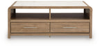 Light brown rectangular table with marble-look top, two drawers, and center divider