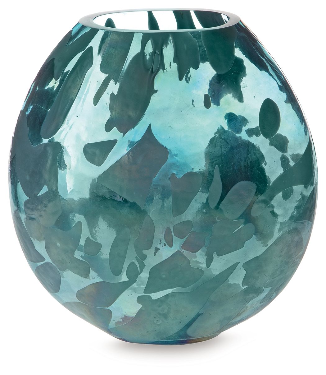 Blue glass vase with rounded shape and flared rim, glossy abstract speckle design