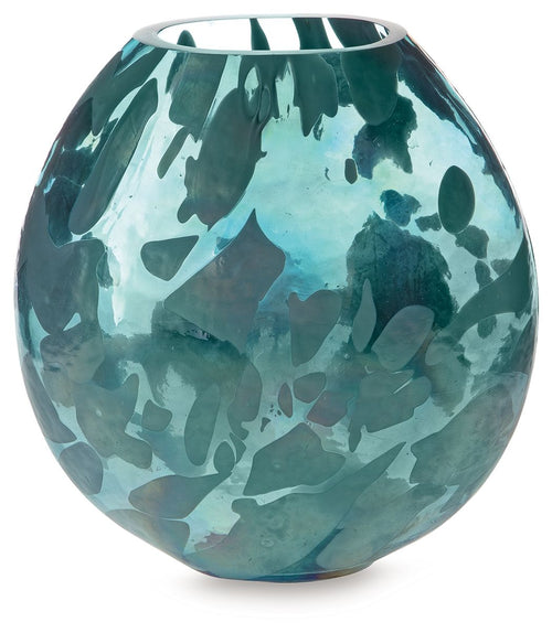 Blue glass vase with rounded shape and flared rim, glossy abstract speckle design