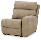 Sand fabric power recliner chair with wide armrests and padded headrest