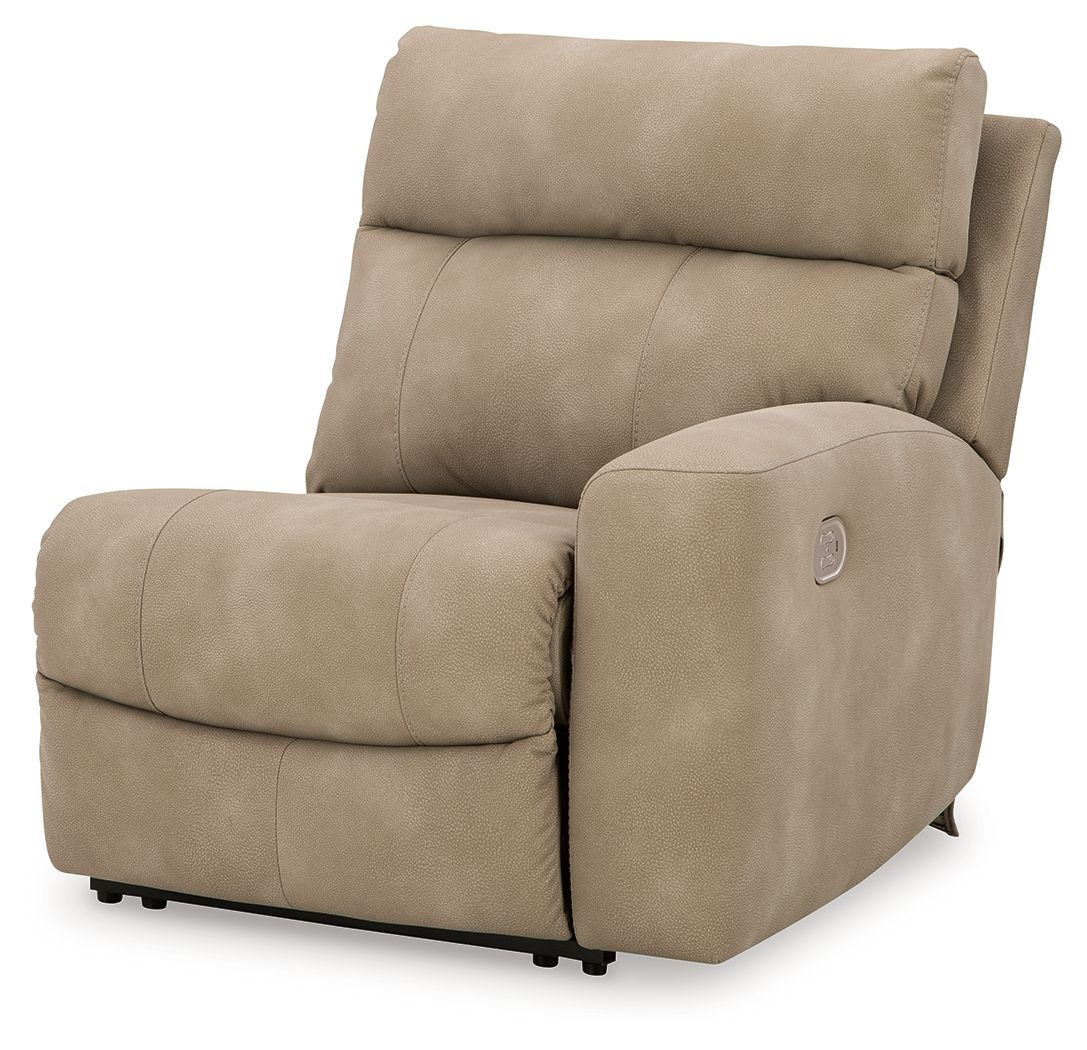 Sand fabric power recliner chair with wide armrests and padded headrest