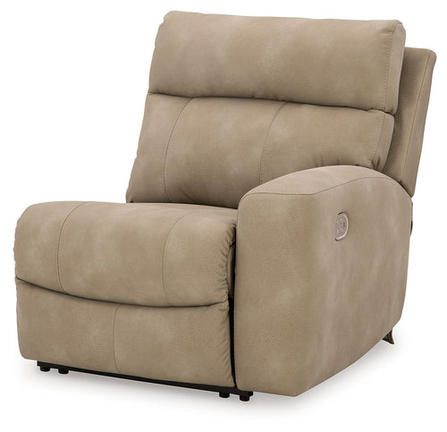 Sand fabric power recliner chair with wide armrests and padded headrest