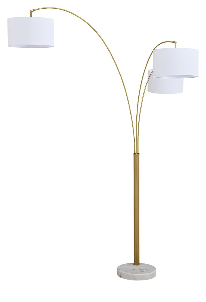Gold metal arc floor lamp with three white fabric shades and circular base