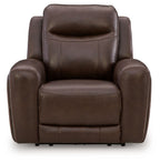 Brown leather-look power recliner with wide armrests and cushioned back