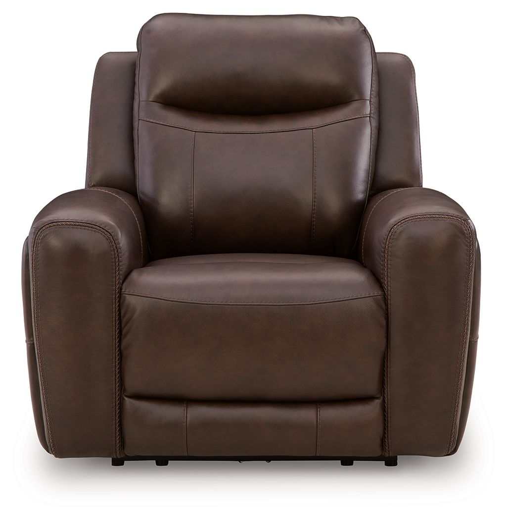 Brown leather-look power recliner with wide armrests and cushioned back