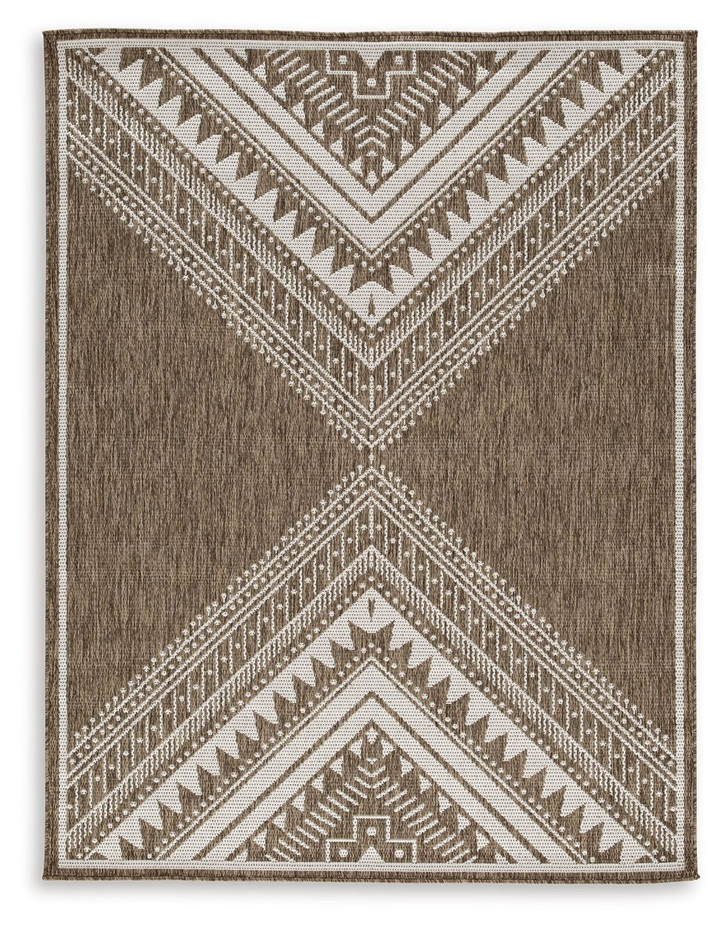 Dark brown rug with cream geometric chevron and border pattern, flat weave