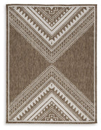 Dark brown rug with cream geometric chevron and border pattern, flat weave