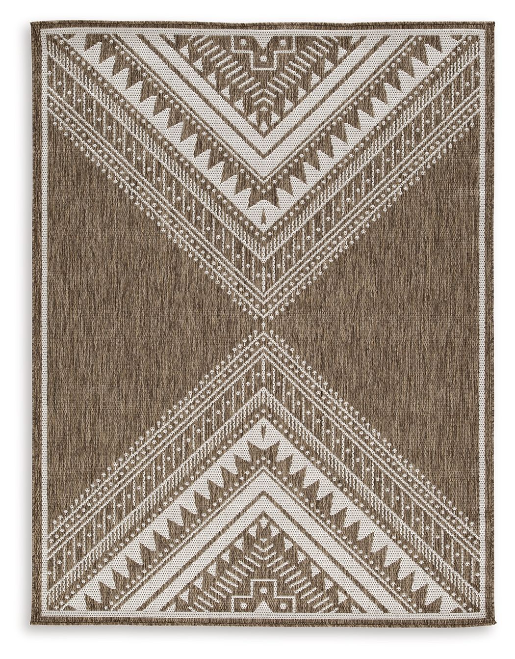 Dark brown rug with cream geometric chevron and border pattern, flat weave