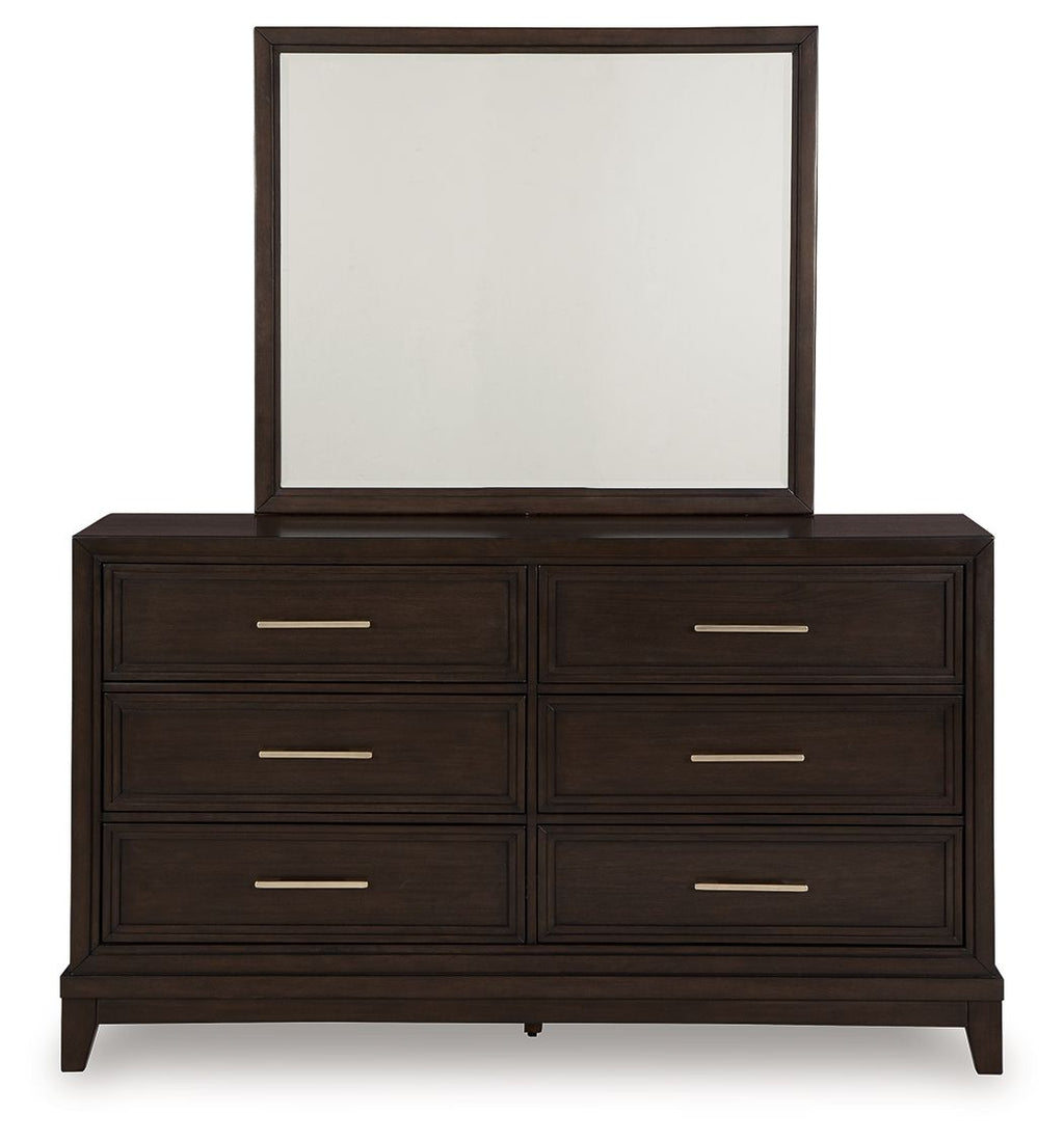 Dark grayish brown dresser with tall rectangular mirror front view and six long drawers