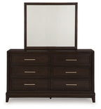 Dark grayish brown dresser with tall rectangular mirror front view and six long drawers