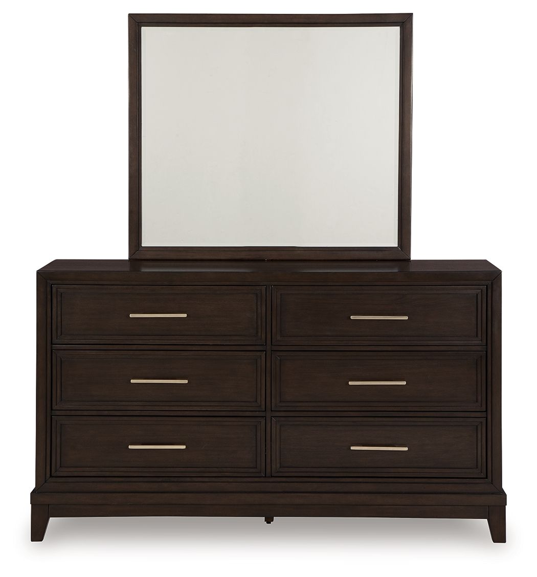 Dark grayish brown dresser with tall rectangular mirror front view and six long drawers