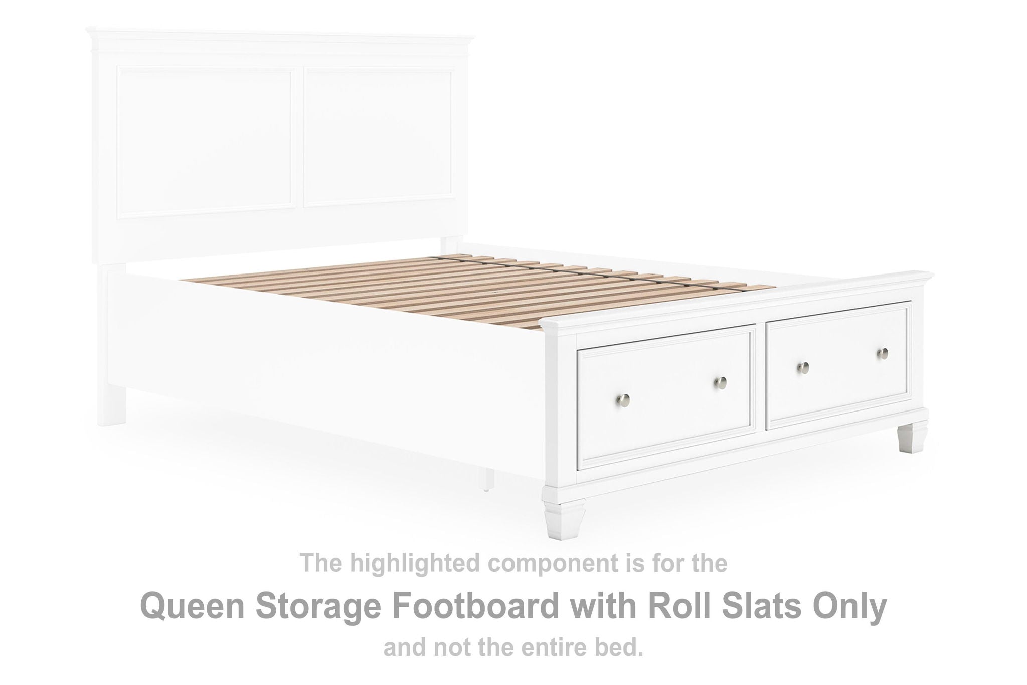 White queen storage footboard with roll slats and two drawer cabinets