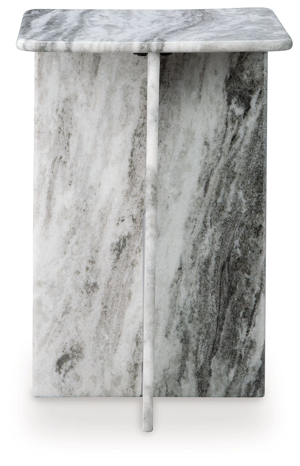 Square accent table in gray marble-look finish with slender pedestal legs