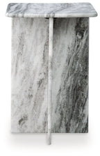 Square accent table in gray marble-look finish with slender pedestal legs