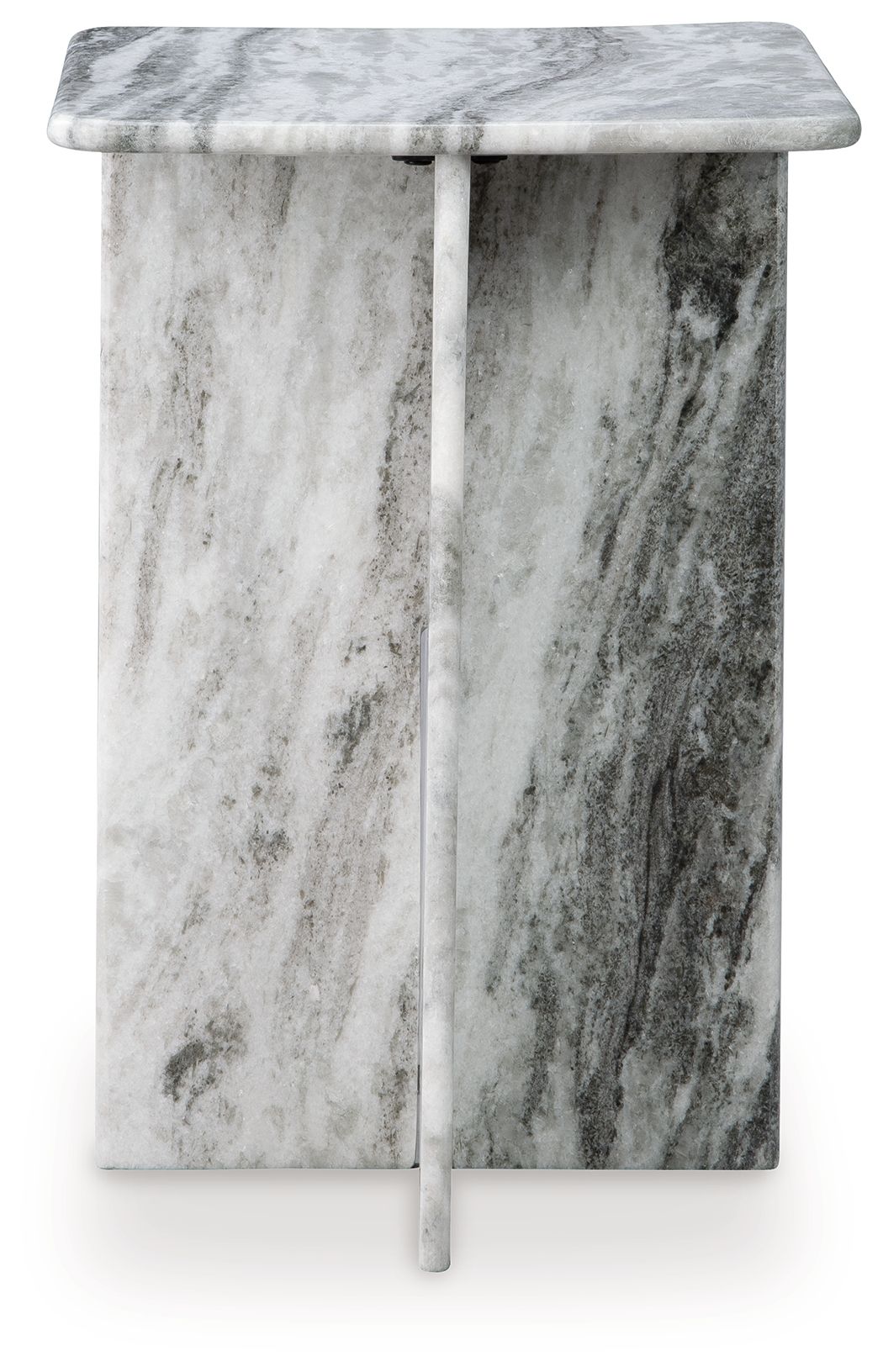 Square accent table in gray marble-look finish with slender pedestal legs