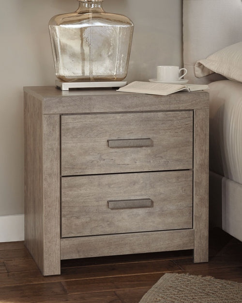 Gray two-drawer night stand with two drawers and rectangular bar handles