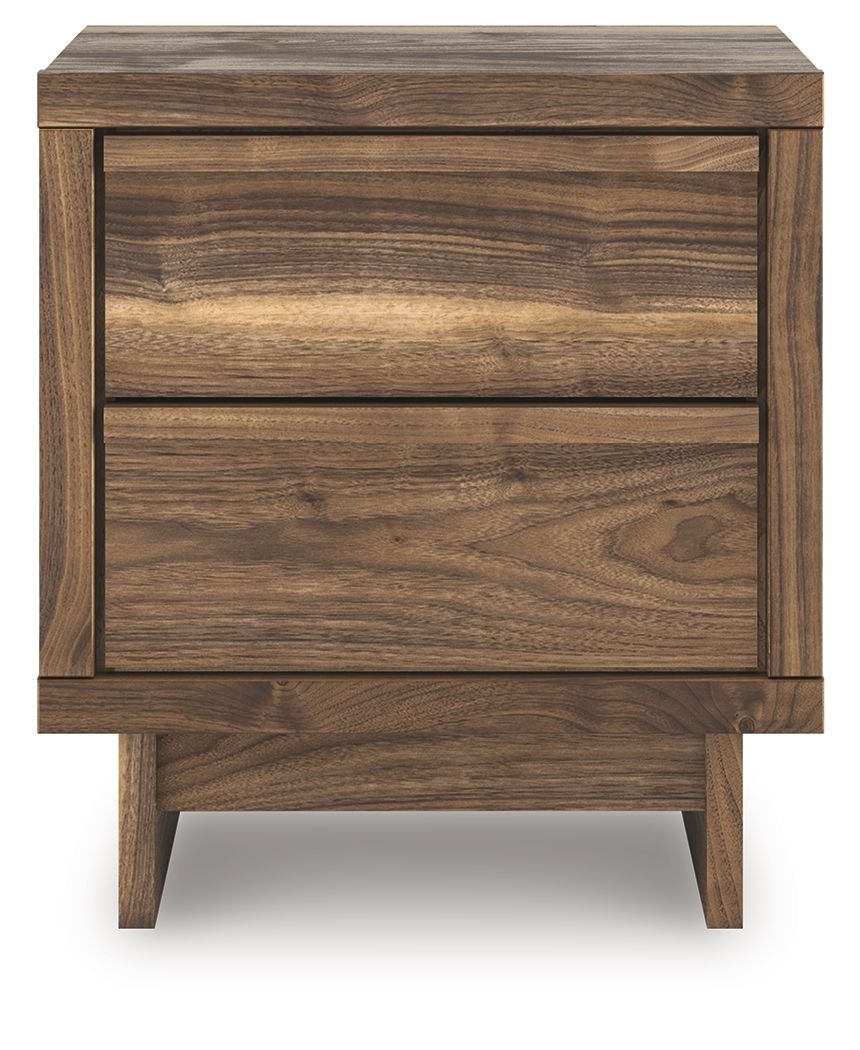 Brown wood night stand with two drawers and tapered legs