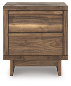 Brown wood night stand with two drawers and tapered legs