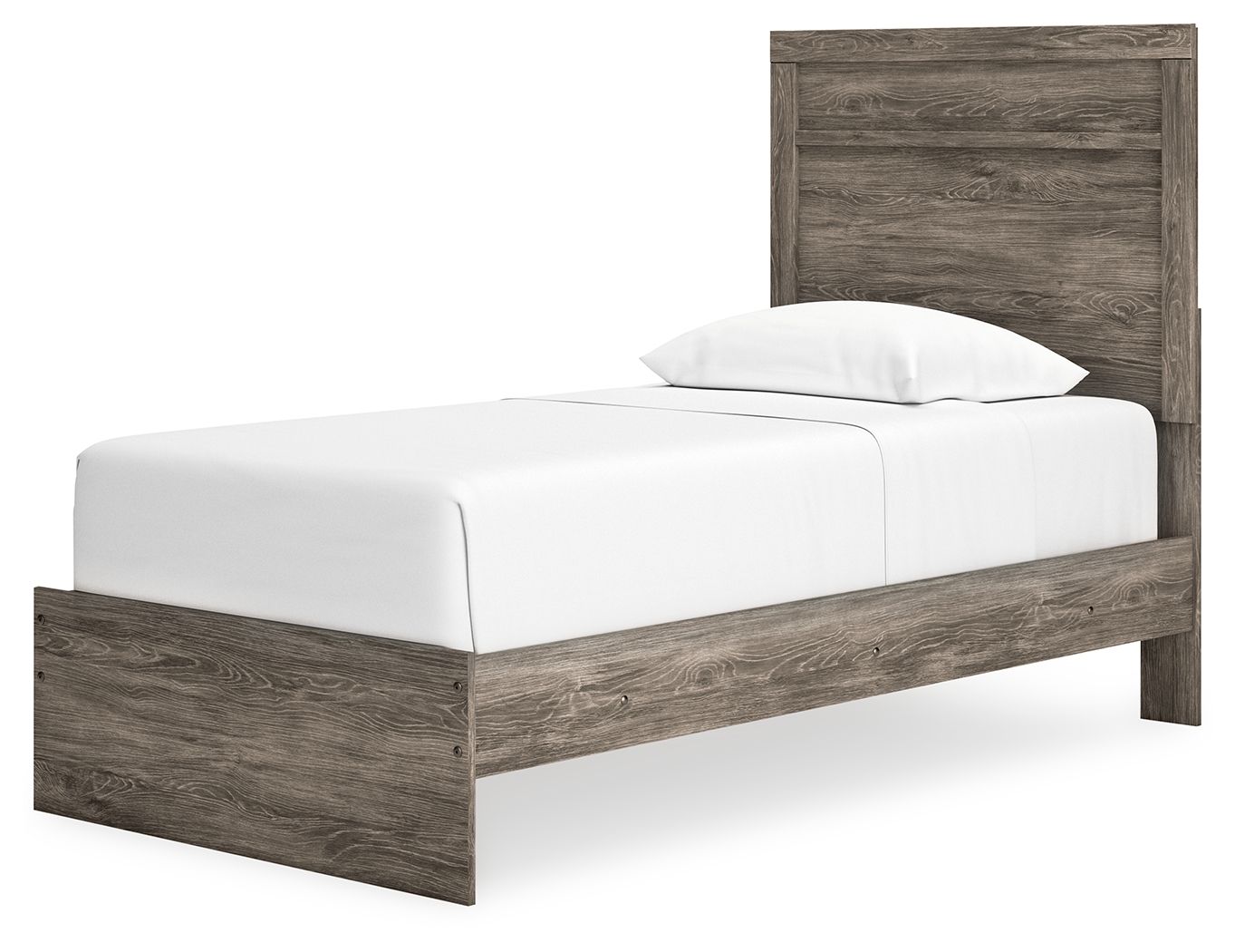 Dark gray wood-look panel bed with slatted headboard and white mattress