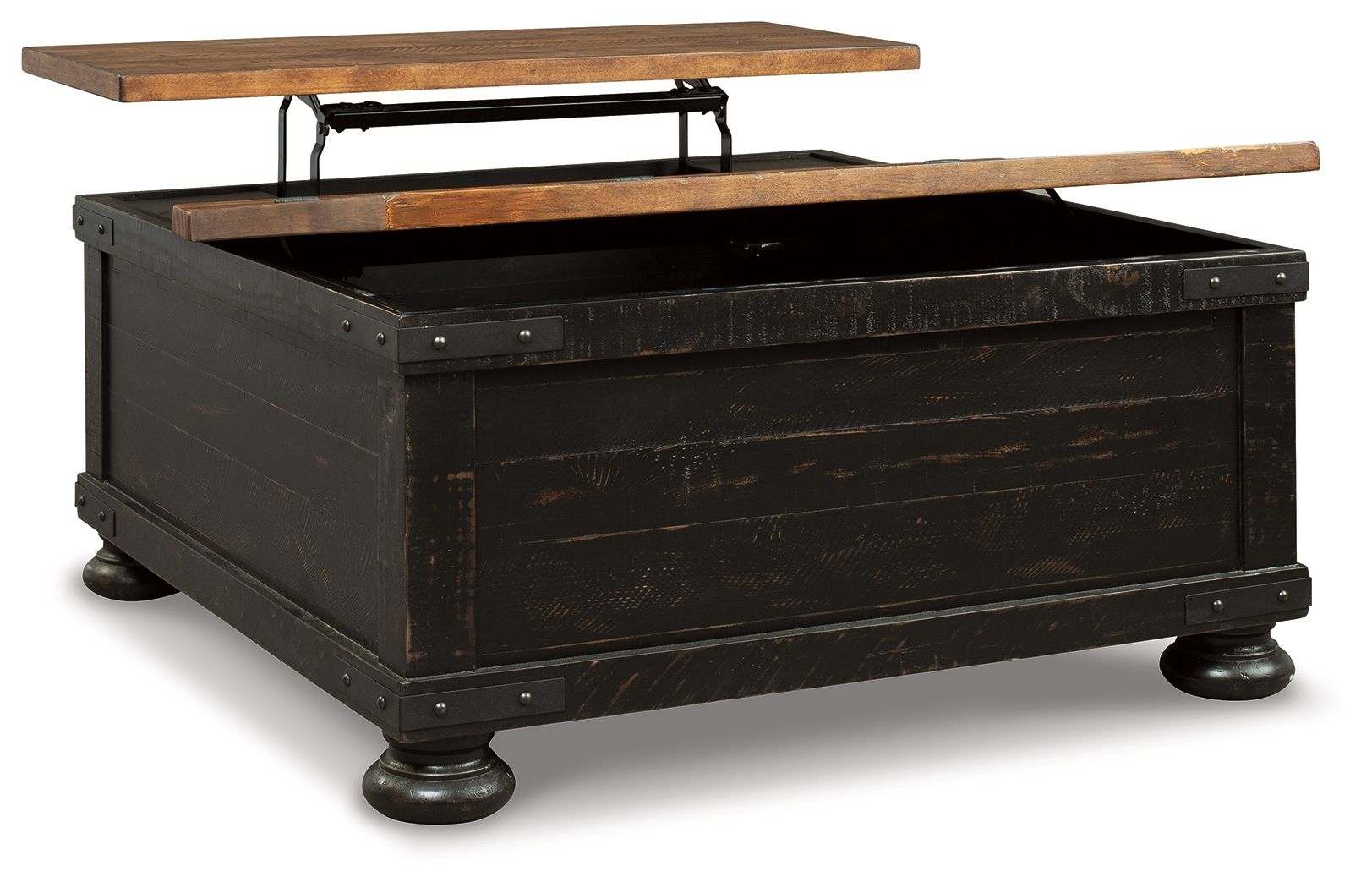 Lift-top cocktail table, dark brown top and black storage base with round feet