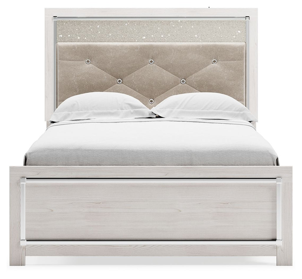 White panel bed with light gray tufted headboard and footboard drawer front.